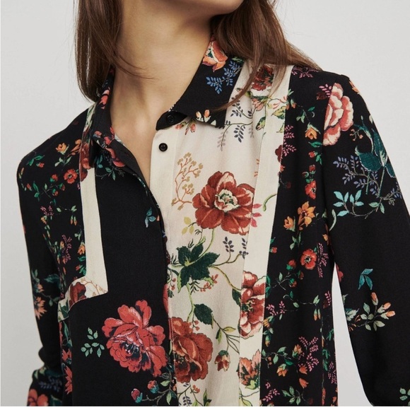 MAJE Shirt Printed Women's Ciller Two Tone Floral Print Top Sz 1 US Small - Picture 1 of 14
